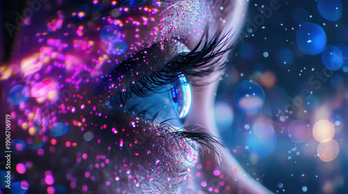 A woman's eye is shown in a colorful, glittery style
