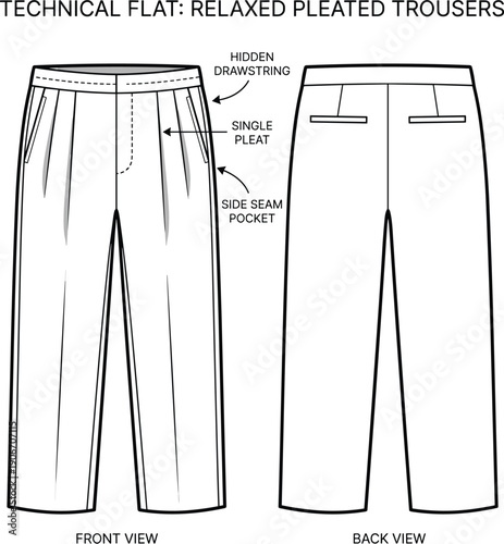 Technical Flat Sketch of Relaxed Pleated Trousers: A Fashion Design Blueprint for Apparel Production and Garment Construction with Focus on Hidden Drawstring and Pleat Detail