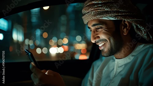 Emirati Man Smiling Using Phone At Night In City Car