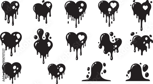 Black melting heart set dripping liquid drop silhouette collection for street wear gothic fashion vector art