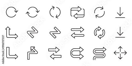 Vector set of minimalist outline arrow icons, collection of linear direction pointers and navigation symbols for web and mobile app UI design.