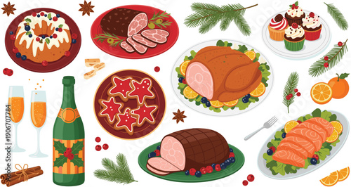 Flat vector illustration set of Christmas holiday dinner food including roasted turkey ham salmon bundt cake cupcakes cookies champagne and winter pine branches.