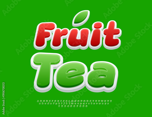 Vector Bright label Fruit Tea. Artistic Green Font. Creative Rounded Alphabet Letter and Numbers set.