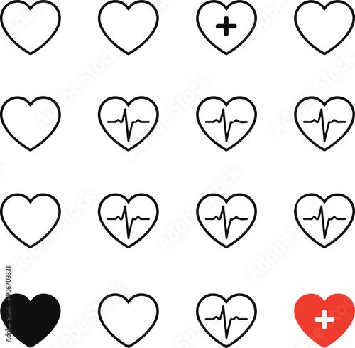 heart and ECG - EKG signal set, Heart Beat pulse line concept design isolated on white background