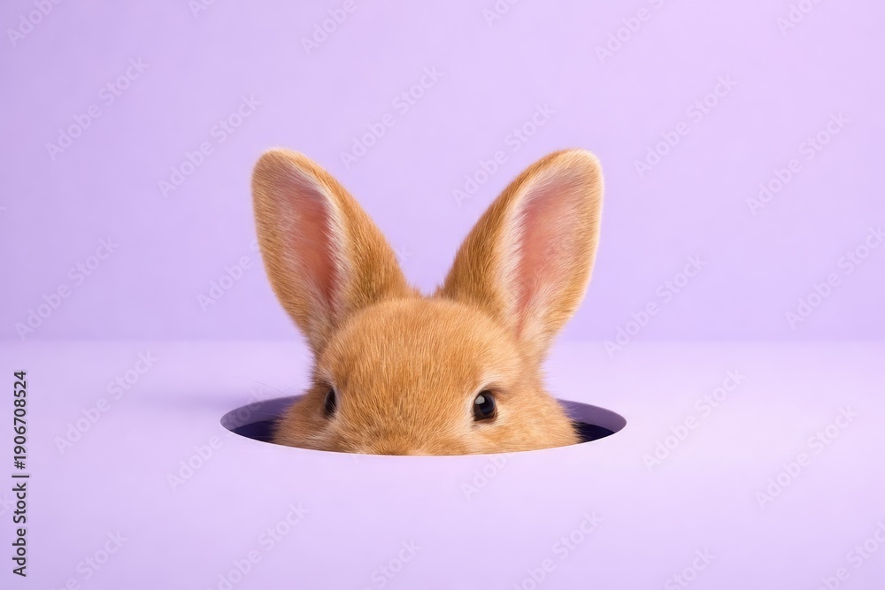 Obraz premium Curious easter bunny peeking from hole on lilac background, easter concept