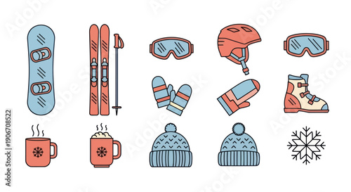 Winter Sports Equipment Icons: Snowboard, Skis, Goggles, Helmet, Hot Drinks