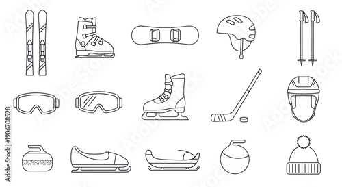 Winter Sports Equipment Icons: Ski, Snowboard, Ice Skate, Hockey, Sledge