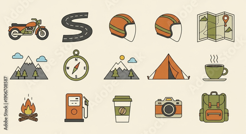 Collection of travel and adventure icons for outdoor activities.