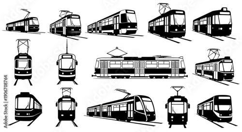 Collection of Tram Silhouettes Vector Art.