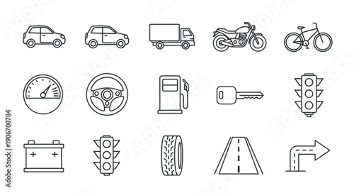 Collection of transportation and vehicle icons in a simple line art style.