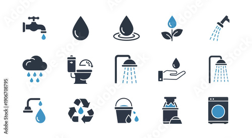 Water Icons Set: Conservation, Usage & Recycling