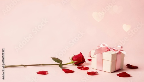 Elegant Gift Box with Pink Ribbon and Red Rose on Soft Background