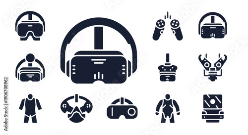 Virtual Reality Icons: VR Headsets, Controllers, Robot Arm, Avatar