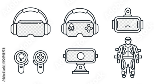 Virtual Reality Technology Icons Set: VR Headset, Controllers, Suit