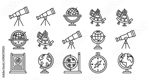 Vintage Scientific Instruments Icons: Telescope, Globe, Sextant, Compass