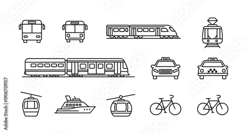 Collection of Transportation Icons Including Trains Buses Cars and Bikes.