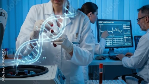 Scientists in a lab work with a glowing DNA model and computer data