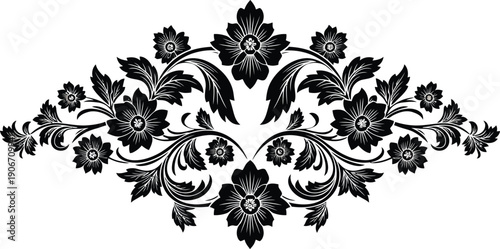 Black floral ornamental with swirling leaves and flowers white