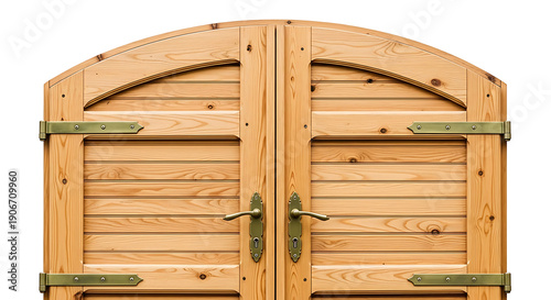 Wooden gate with metal hardware on white background