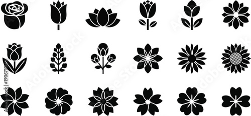 Collection of black stylized flower and floral on white background rose tulip lotus