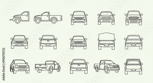 Collection of Truck and Car Line Drawings from Multiple Angles.