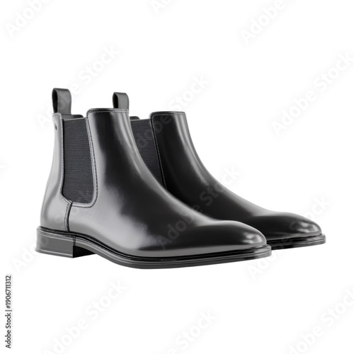 Black leather Chelsea boots pair isolated on Transparent Background