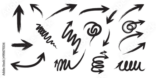 Vector set of hand-drawn brush stroke arrows, collection of black ink scribble pointers and sketch symbols for creative infographic design