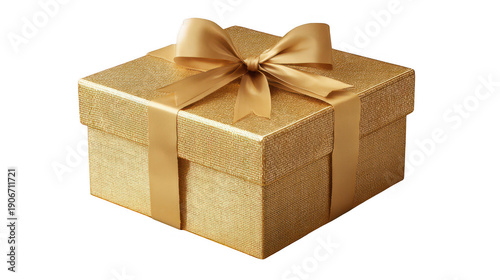 A golden gift box wrapped with a red ribbon and bow is isolated on white, creating a decorative holiday present for a Christmas, birthday, or anniversary celebration surprise