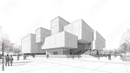 Obraz An architectural rendering of a modern museum with geometric shapes and a plaza