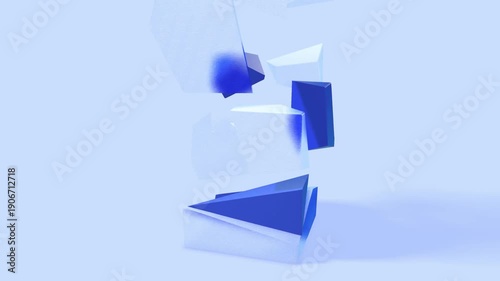 Blue and white angular 3D crystal shapes interlocked in a sculptural abstract formation on a smooth pastel background with dynamic shadows and clean lines
