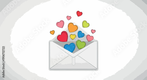 Digital illustration of an open envelope with colorful hearts spilling out against a clean white background with a subtle grey border.