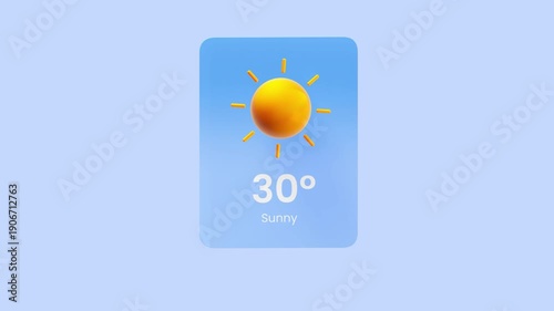 Minimalist weather card design featuring a bright yellow sun and temperature display of 30 degrees rendered in a 3D style on a soft blue background