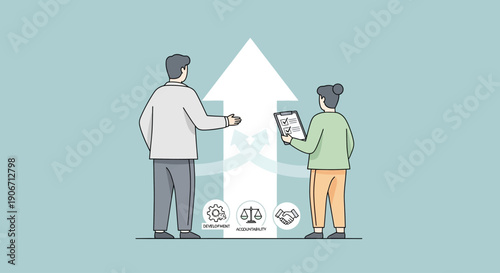 Conceptual illustration of work-life balance with woman meditating and office buildings on a scale.