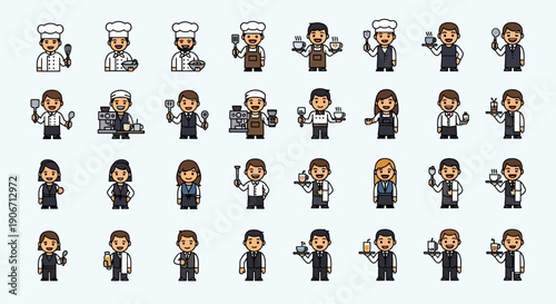 Set of diverse business people and professionals in various poses and actions.