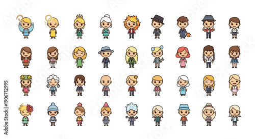 Collection of diverse cartoon characters with various hairstyles and outfits.