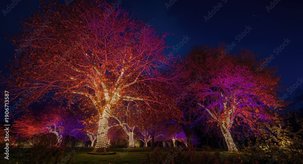 Fototapeta premium Illuminated trees shining with glowing lights creating a joyful and calm nighttime atmosphere