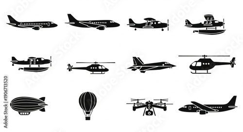 Collection of various aircraft silhouettes including airplanes helicopters and drones.