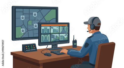 Security Guard Monitoring CCTV Surveillance Screens in Control Room