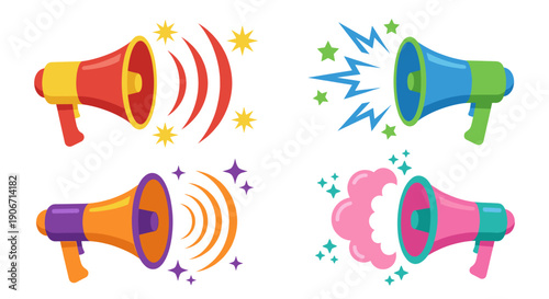 Set of Colorful Megaphones and Loudspeakers with Sound Effects