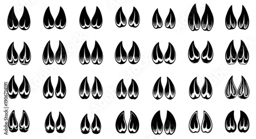 Collection of various animal hoof prints in black and white.