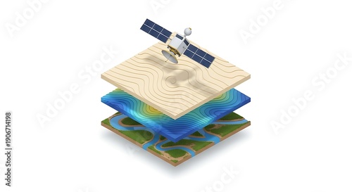 Satellite imagery and topographic maps showing terrain, water bodies, and contour lines, representing geospatial data layers