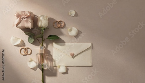 Elegant Flat Lay of Perfume, Roses, and Romantic Accessories