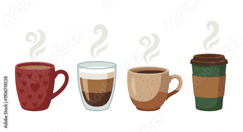 Set of Steaming Hot Coffee Cups and Mugs Flat Vector Icons