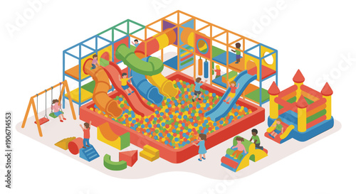 Isometric Indoor Playground and Soft Play Area with Kids Playing Vector Illustration