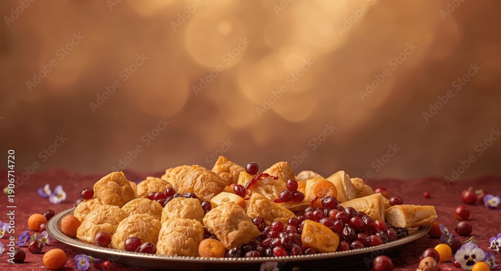 Fototapeta premium Cultural celebration tray with traditional eastern pastries and dry fruits for spring festival