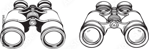 Hand drawn binoculars isolated on white background vintage engraved sketch illustration, Hand drawn line art binoculars set featuring two different perspectives for exploration and adventure.