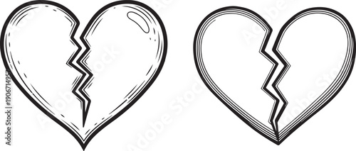Hand drawn line art illustration of a broken heart depicting emotional pain for relationship concepts, Hand Drawn Broken Heart Line Art. 