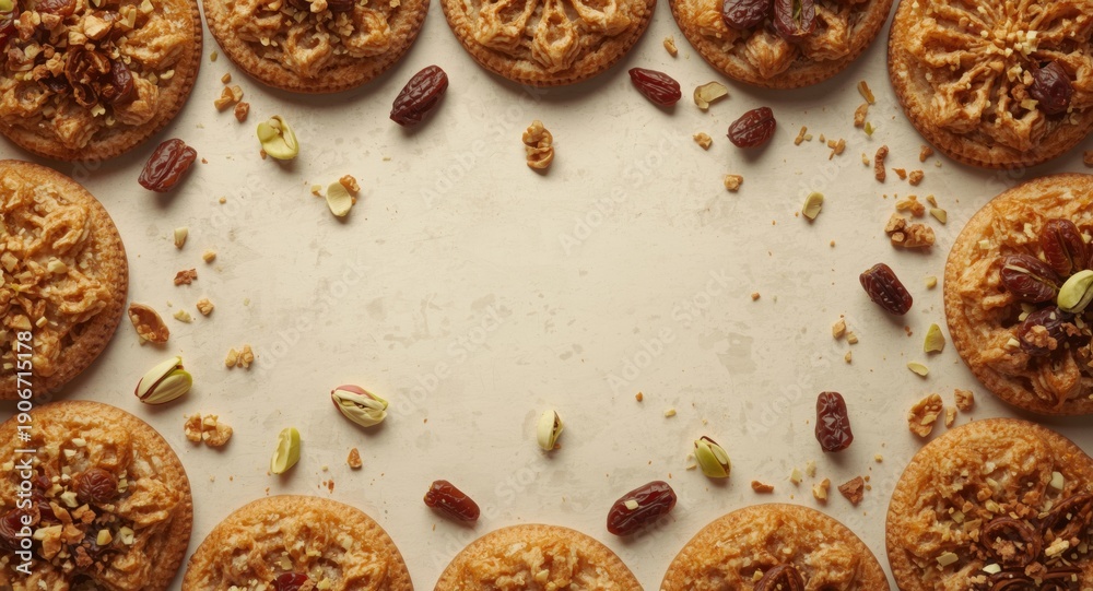 Fototapeta premium Birds eye perspective of Arabic Eid semolina cookies enhanced with dates walnuts and pistachios with space for text