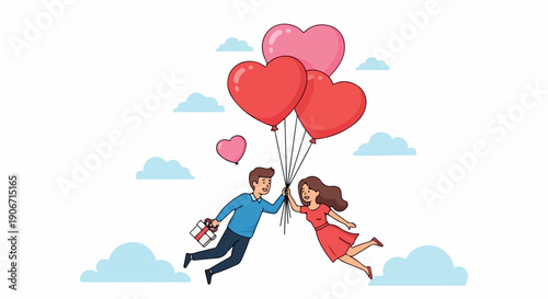 Illustration of a romantic couple running with heart-shaped balloons and a gift in a whimsical scene with clouds.