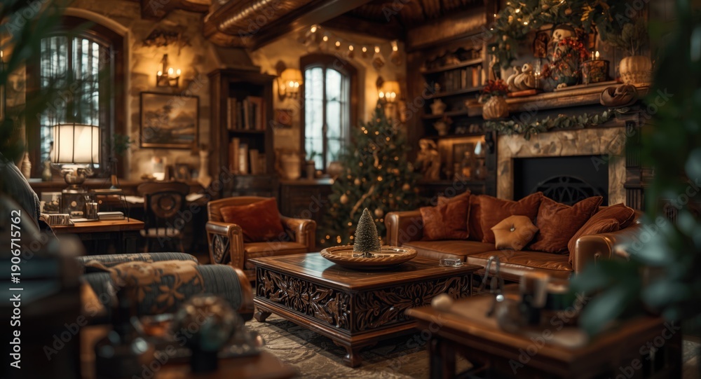 Friendly living area design with wooden furniture and thematic seasonal decor
